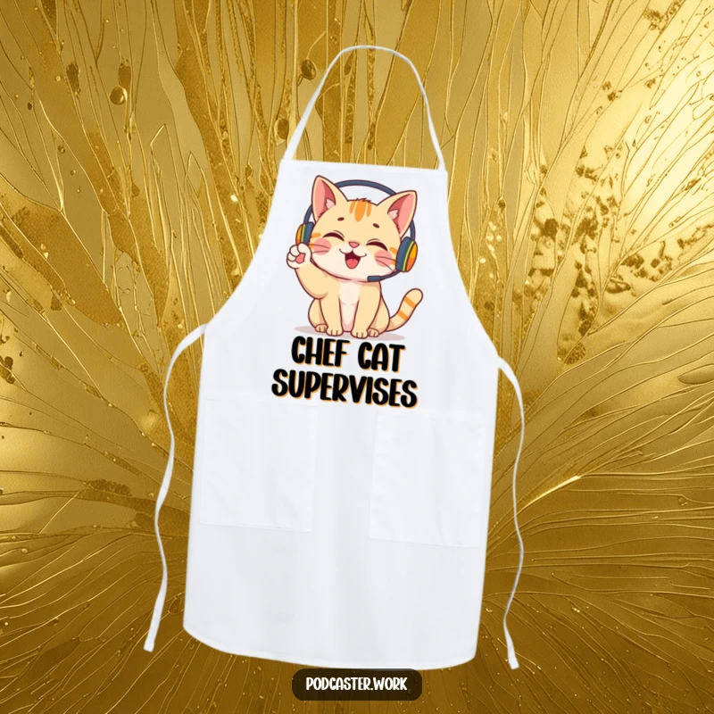 Funny Cat Chef Apron: A giggling cat wearing a headset, energetically waving its paw, ready to assist in the kitchen with a smile.