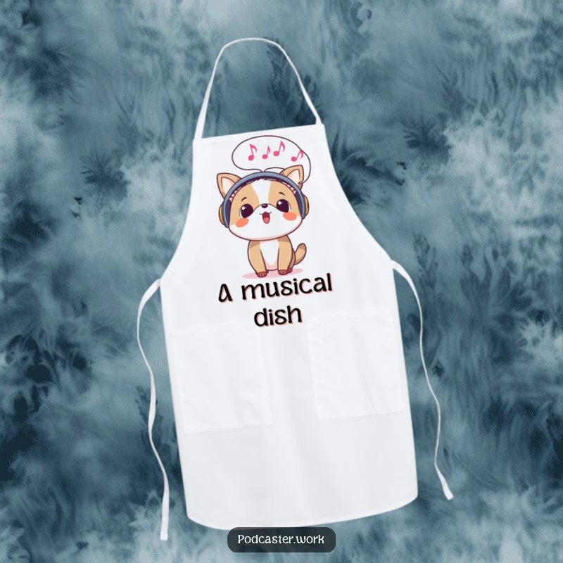 Funny apron featuring a surprised animal wearing headphones, with a speech bubble full of musical notes emerging, a chef inspired by sound.