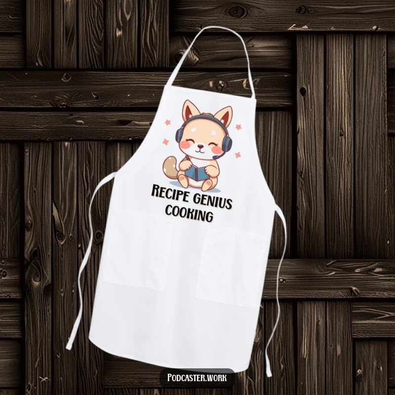 Funny apron featuring a cute animal wearing a headset, furiously scribbling notes on a notepad while speaking, ready for culinary capture.