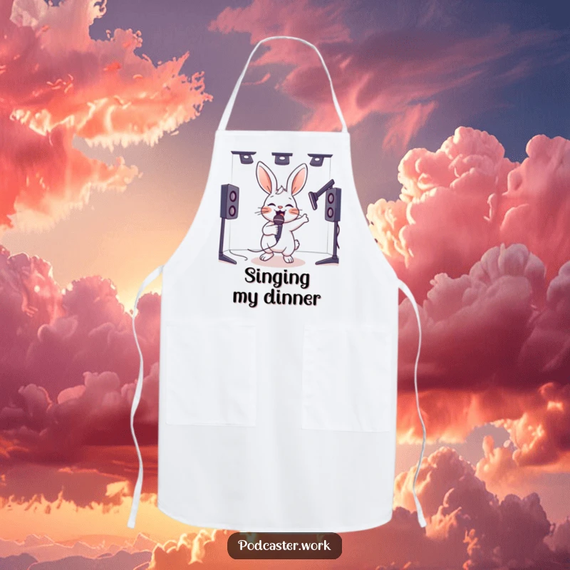 Funny apron featuring a hyperactive rabbit energetically bouncing with a microphone in a studio, adding humor to cooking.