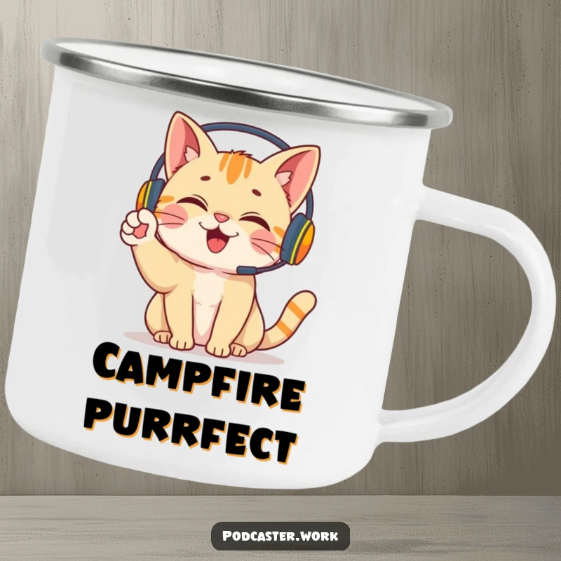Funny Cat Campfire Mug: A giggling cat in a headset energetically waving a paw, ready for outdoor fun and warm drinks.