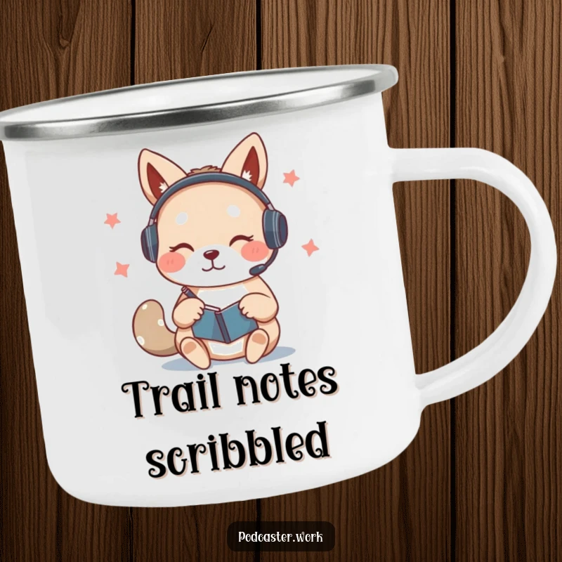 Funny camping mug of a cute animal wearing a headset, furiously scribbling notes on a notepad while speaking, ready for any task.