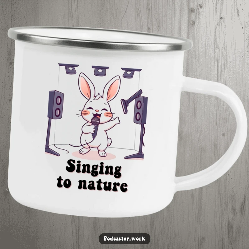 Funny camping mug featuring a hyperactive rabbit energetically bouncing with a microphone in a studio, for energetic outdoor enjoyment.