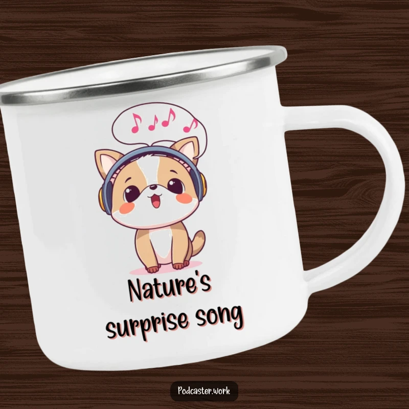 Funny camping mug of a surprised animal wearing headphones, with a speech bubble full of musical notes emerging, embracing outdoor melodies.