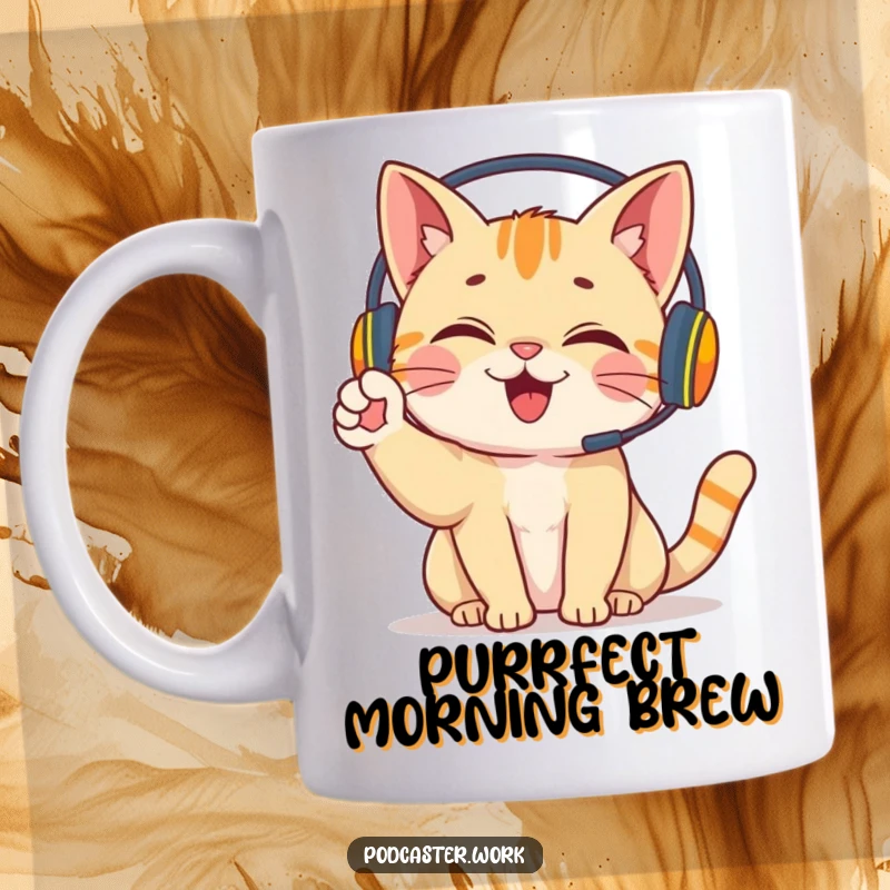 Funny Giggling Cat Mug: A happy cat wearing a headset, energetically waving a paw, embodying fun and a love for communication.