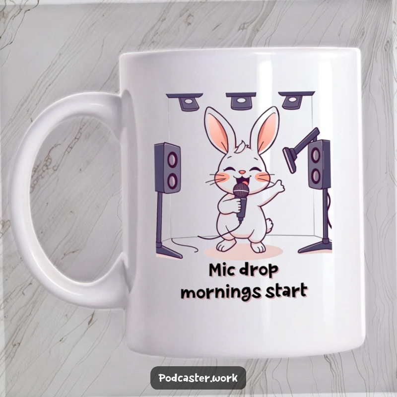 Funny mug features a hyperactive rabbit energetically bouncing with a microphone in a studio booth, showcasing pure joy.