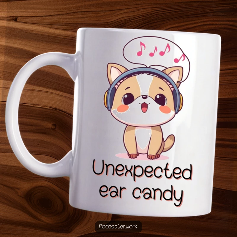 Funny mug of a surprised animal wearing headphones, with a speech bubble full of musical notes emerging, expressing pure auditory bliss.