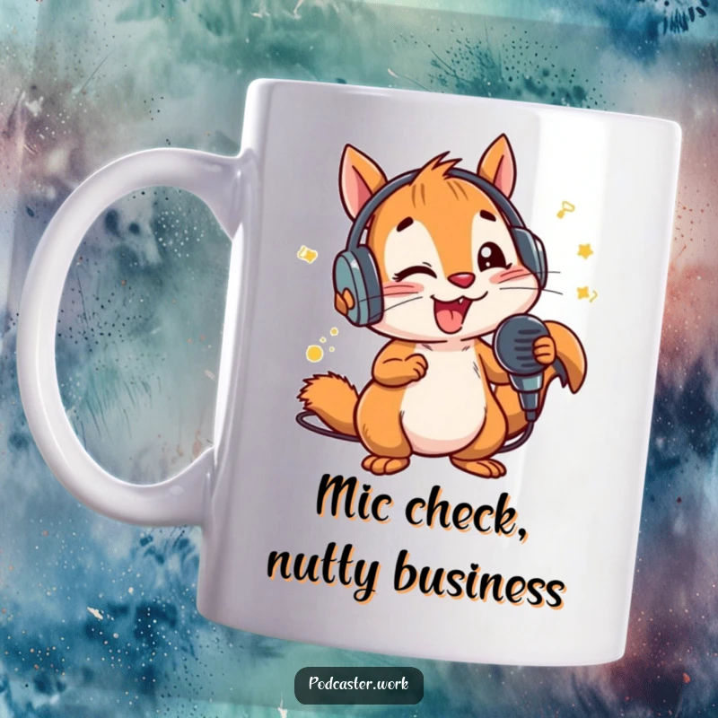 Funny Squirrel DJ Mug: An energetic squirrel in headphones passionately rapping into a microphone, celebrating music and fun.