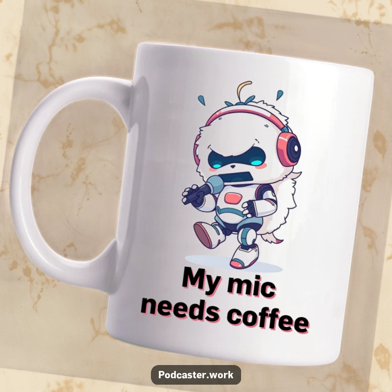 Funny mug of a fluffy robot animal DJ with headphones, energetically tapping its foot and speaking into a microphone, radiating musical joy.