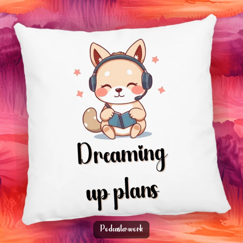 Funny pillow of a cute animal wearing a headset, furiously scribbling notes on a notepad while speaking, a symbol of focused relaxation.