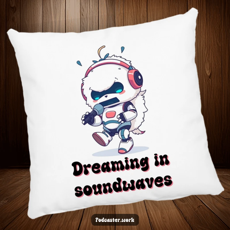 Funny pillow of a fluffy robot animal DJ wearing headphones, energetically tapping its foot while speaking into a microphone, a musical delight.