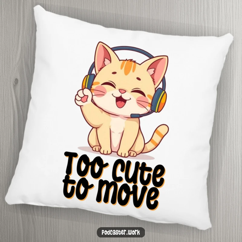 Funny Cat Cuddle Pillow: A happy, giggling cat in a headset energetically waving a paw, ideal for adding comfort and fun.