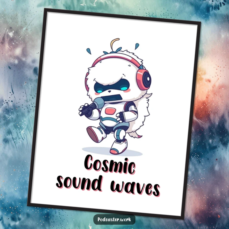 Funny digital art print of a fluffy robot animal DJ wearing headphones, energetically tapping its foot and speaking into a microphone, a celebration of sound.