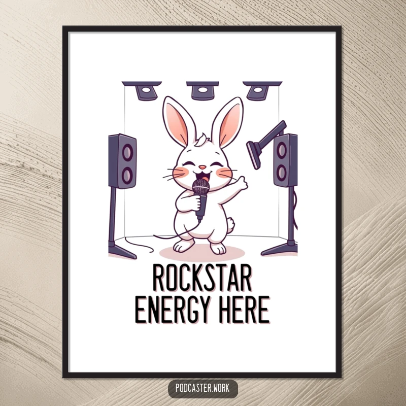Funny digital art print of a hyperactive rabbit energetically bouncing with a microphone in a studio, for energetic decor.