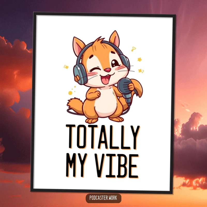 Funny Squirrel MC Digital Print: An animated squirrel in headphones energetically performing into a microphone, radiating fun and musical talent.
