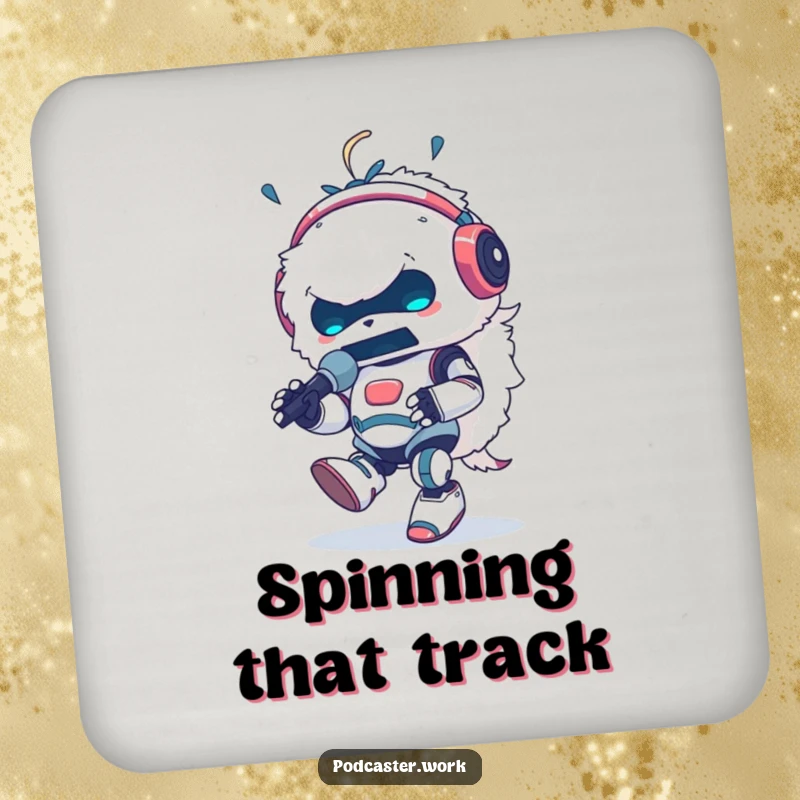 Funny coaster featuring a fluffy robot animal DJ with headphones, energetically tapping its foot and speaking into a microphone, a small piece of party art.