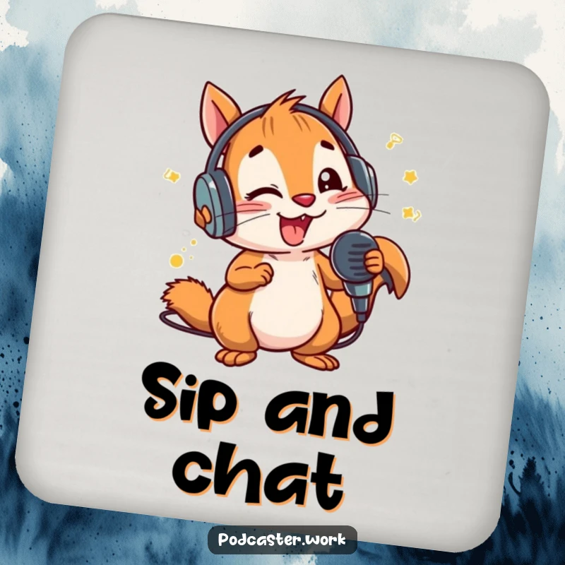 Funny Squirrel DJ Coaster: An energetic squirrel wearing headphones, holding a microphone, ready to protect your table from drinks.