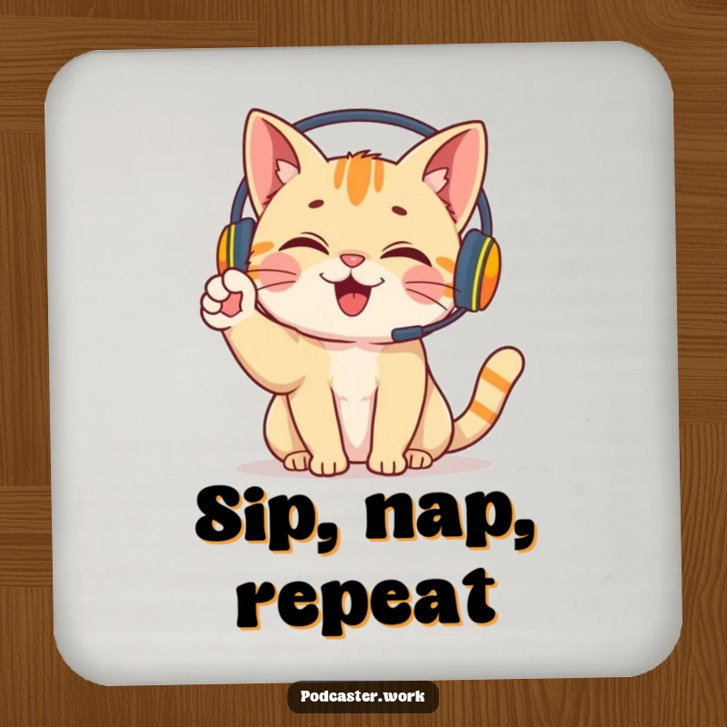 Funny Cat Gamer Coaster: A giggling cat wearing a headset, energetically waving a paw, designed to protect your furniture with style.