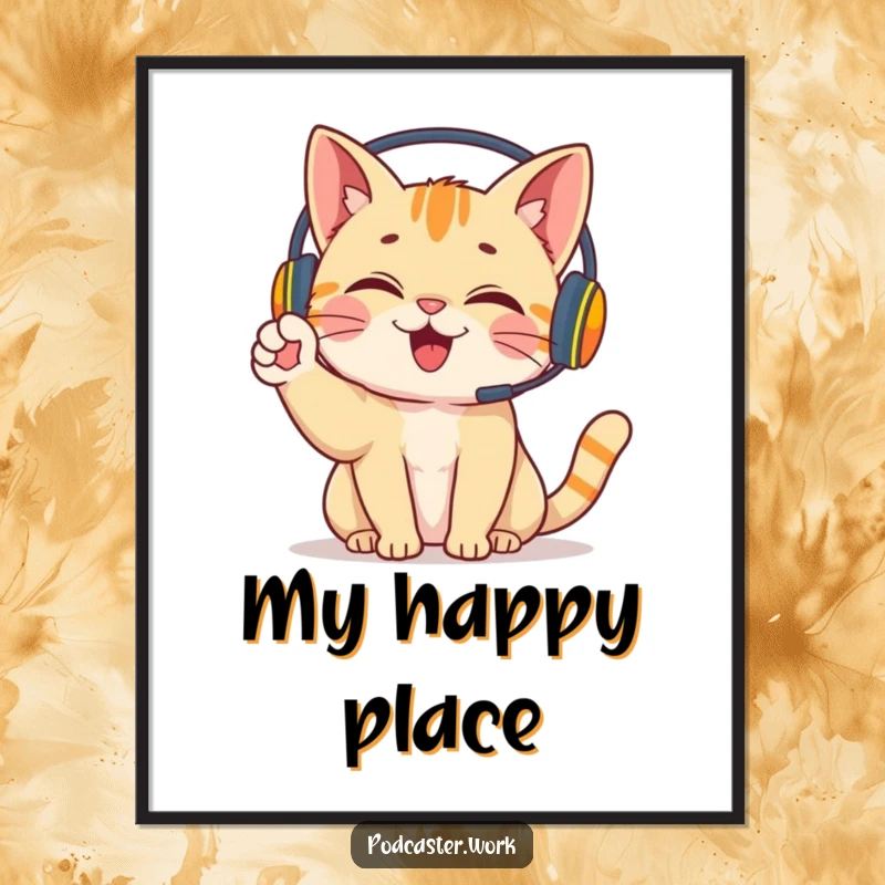 Funny Cat Gamer Poster: A joyful cat wearing a headset, energetically waving its paw, bringing fun and personality to wall art.