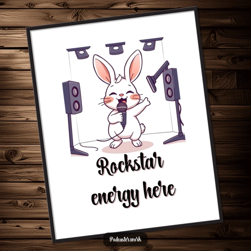 Funny poster art of a hyperactive rabbit joyfully bouncing with a microphone in a studio, capturing energetic and humorous vibes.