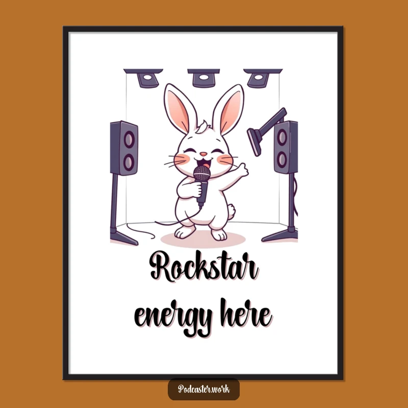 Funny Hyperactive Rabbit Mic Poster - Energetic Humorous Wall Art
