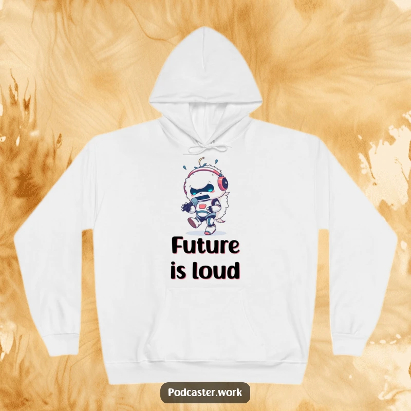 Funny hoodie depicting a fluffy robot animal DJ in headphones, tapping its foot energetically while speaking into a microphone, feeling the rhythm.