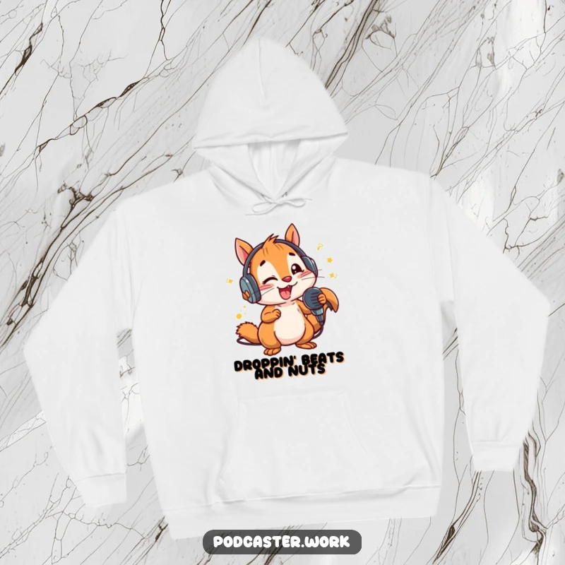 Funny Squirrel MC Hoodie: An animated squirrel with headphones energetically rapping into a microphone, radiating musical passion and fun.