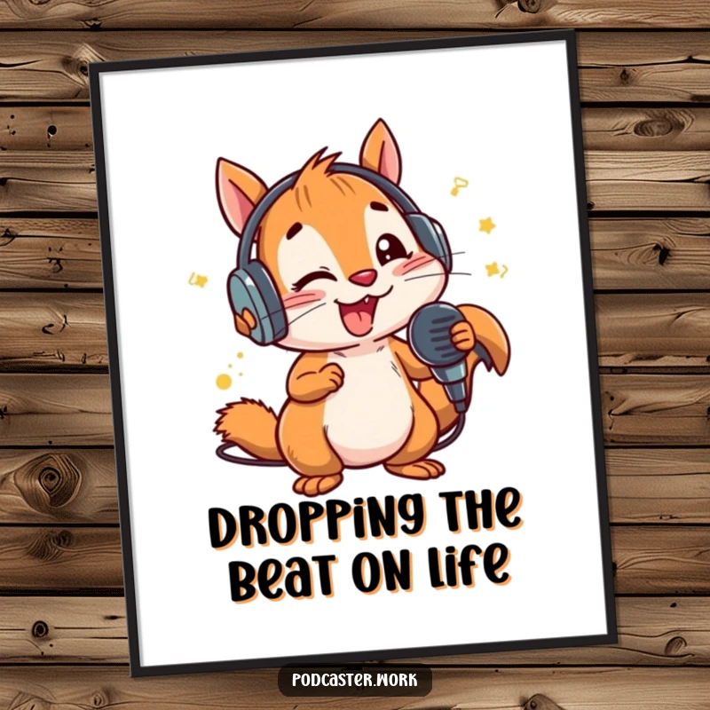 Funny Free Printable Wall Art: Energetic squirrel wearing headphones, holding a microphone with gusto, radiating party vibes.