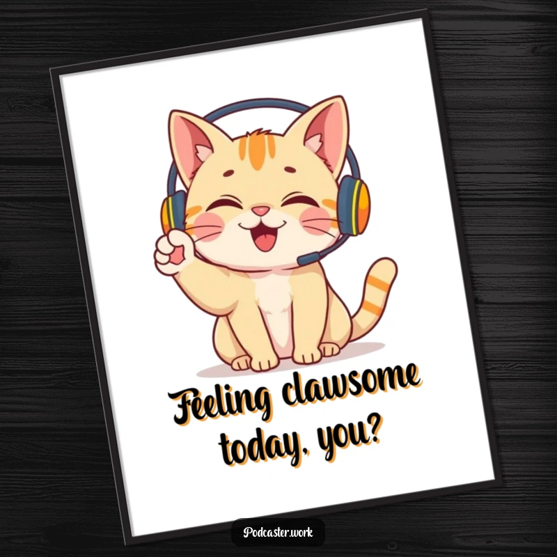 Funny Free Printable Wall Art: Giggling cat wearing headphones, energetically waving a paw, radiating playful joy and amusement.