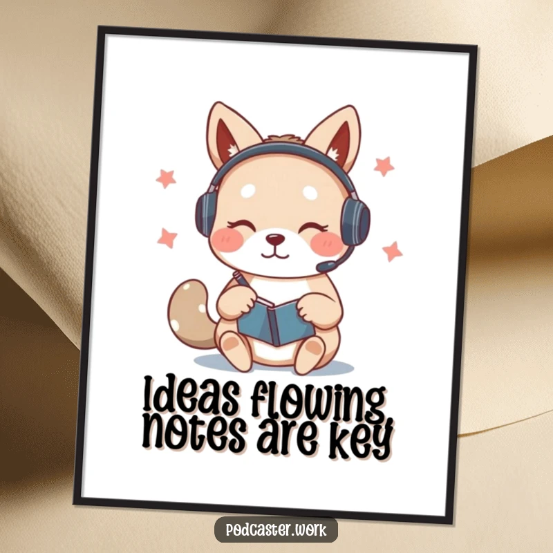 Funny Free Printable Wall Art: Cute animal with headset, furiously scribbling notes on a notepad while speaking.