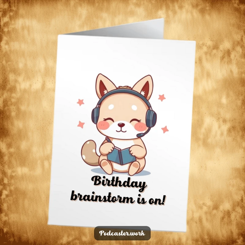 Funny Free Printable Birthday Card: Cute animal with headset, furiously scribbling notes on a notepad while speaking.