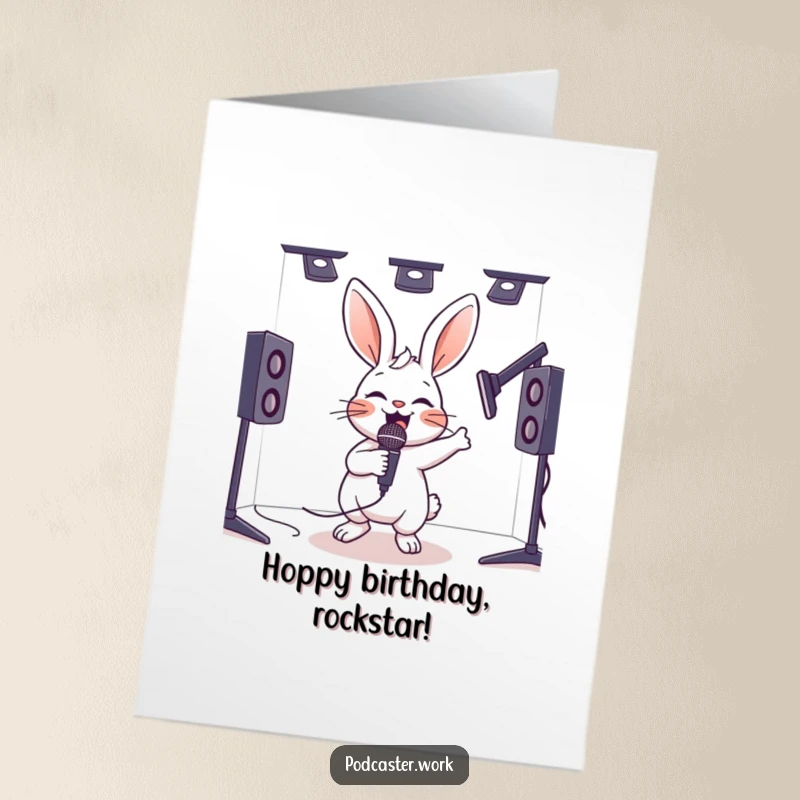 Free Printable Birthday Card: Hyperactive rabbit with a microphone bouncing joyfully in a studio booth, ready to celebrate.