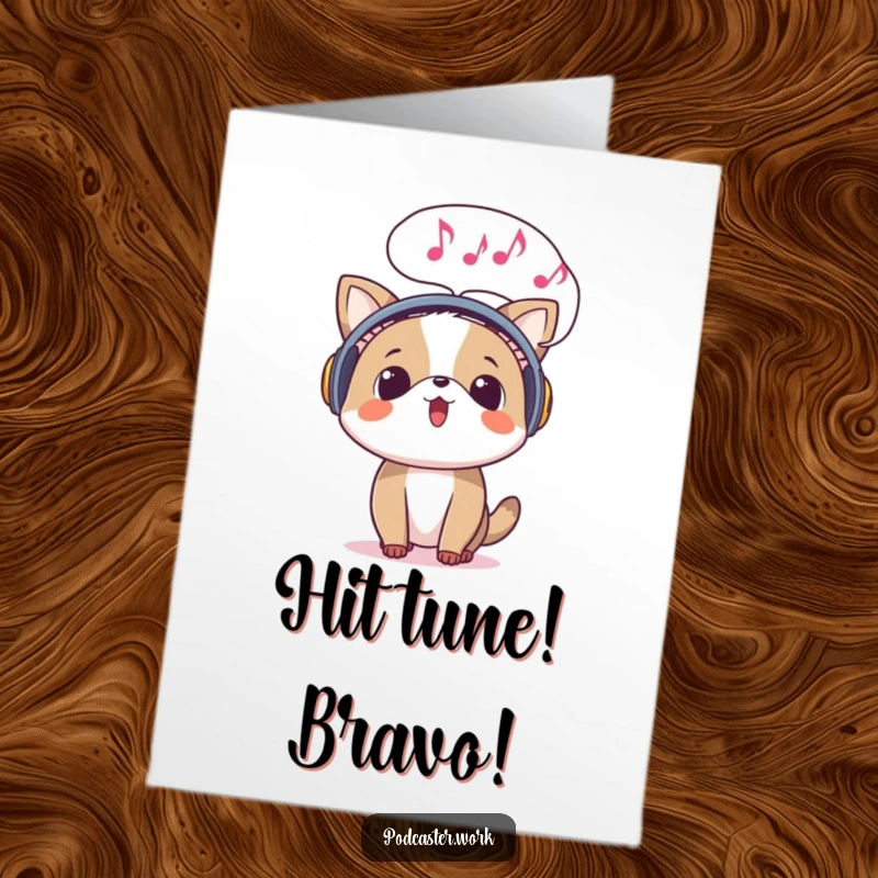 Free Printable Congratulations Card: Surprised animal with headphones, singing, musical notes filling the speech bubble.