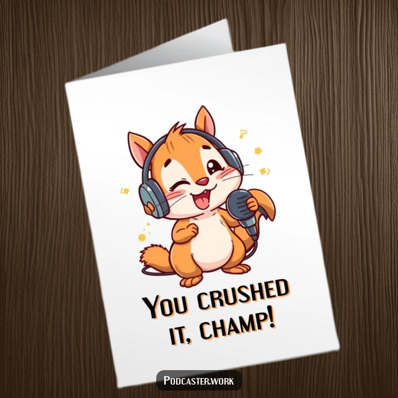 Funny Free Printable Congratulations Card: Energetic squirrel DJ with headphones and microphone, shouting encouragement and celebrating success.