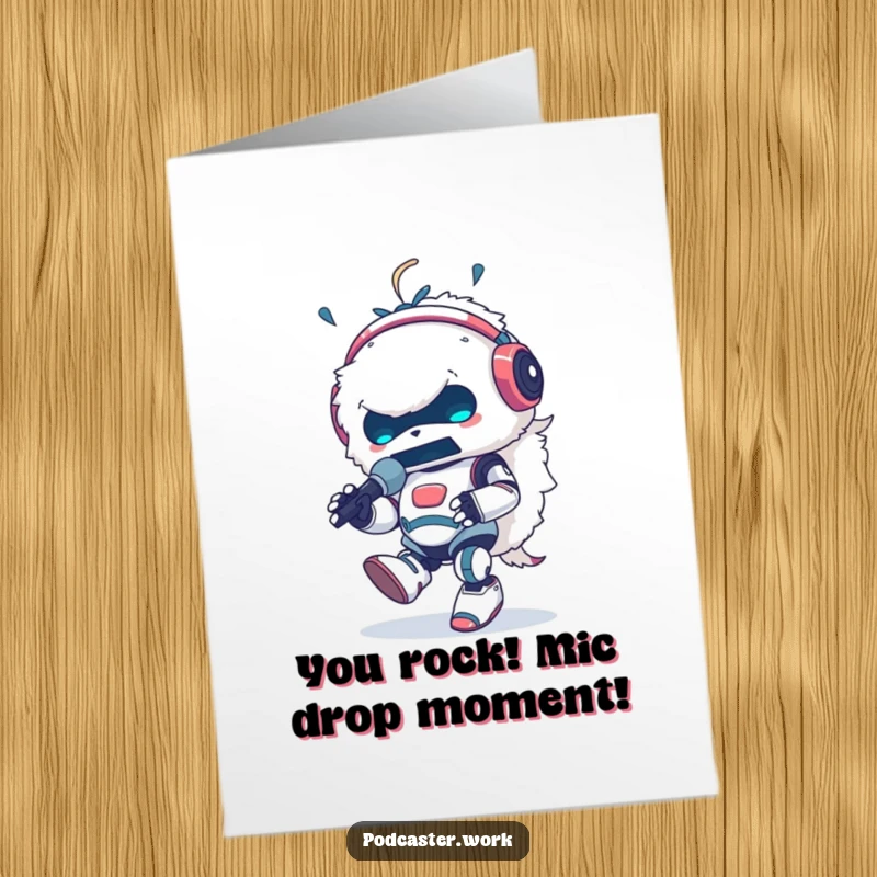 Free Printable Congratulations Card: Robot animal in headphones, rocking out with a microphone, celebrating a big win.