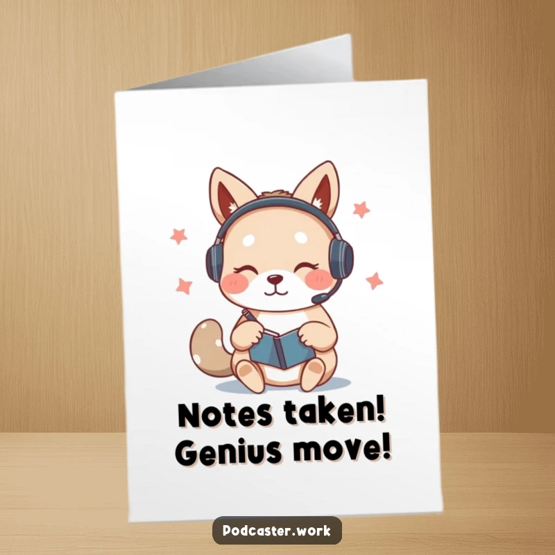 Free Printable Congratulations Card: Cute animal in headset, furiously scribbling notes while speaking, celebrating achievement.
