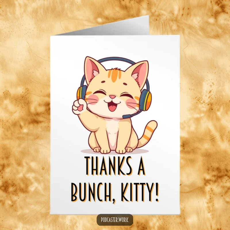 Funny Free Printable Thank You Card: Giggling cat wearing headphones, energetically waving a paw, sending thanks with a happy expression.