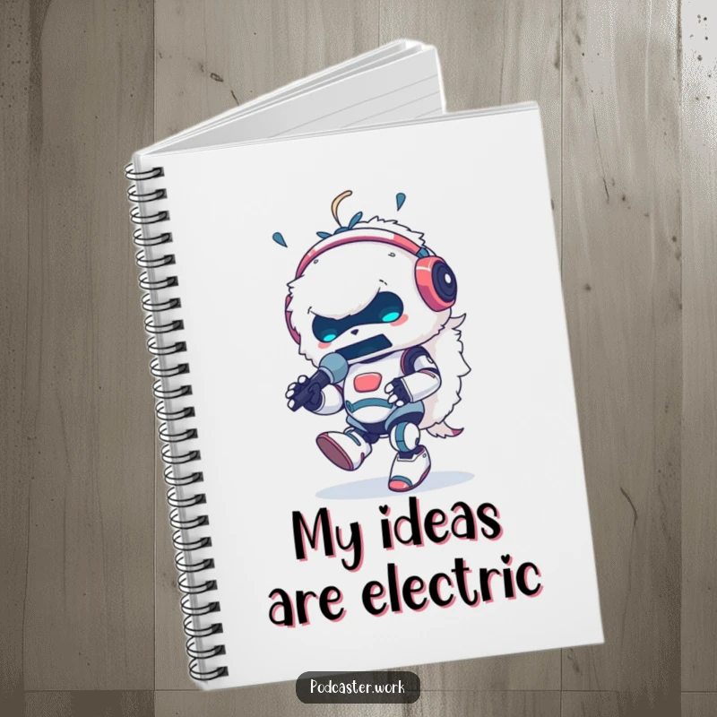Funny notebook with a fluffy robot animal DJ wearing headphones, energetically tapping its foot and speaking into a microphone, ready for creative ideas.