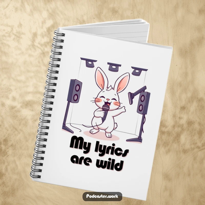 Funny notebook with a hyperactive rabbit energetically bouncing with a microphone in a studio, ideal for energetic note-taking.
