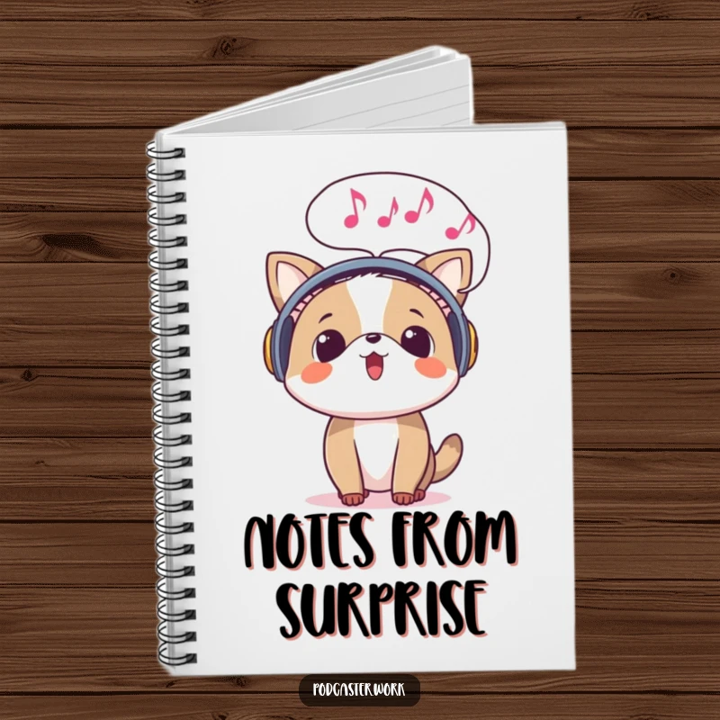 Funny notebook with a surprised animal wearing headphones, a speech bubble full of musical notes emerging, ready for lyrical expression.