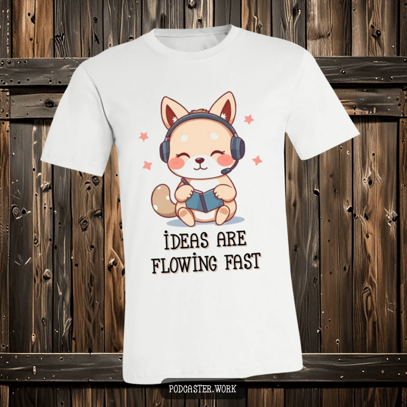 Funny t-shirt featuring a cute animal in a headset, furiously scribbling notes on a notepad while speaking, a symbol of peak productivity.