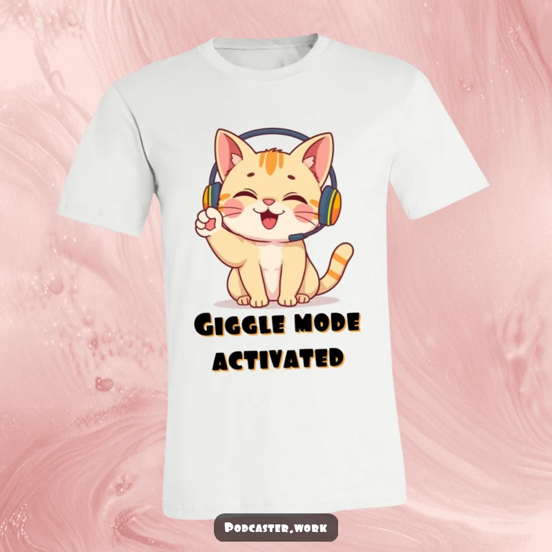 Funny Cat Gamer T-Shirt: A cheerful cat wearing a headset, enthusiastically waving its paw, perfect for gaming and cat lovers.