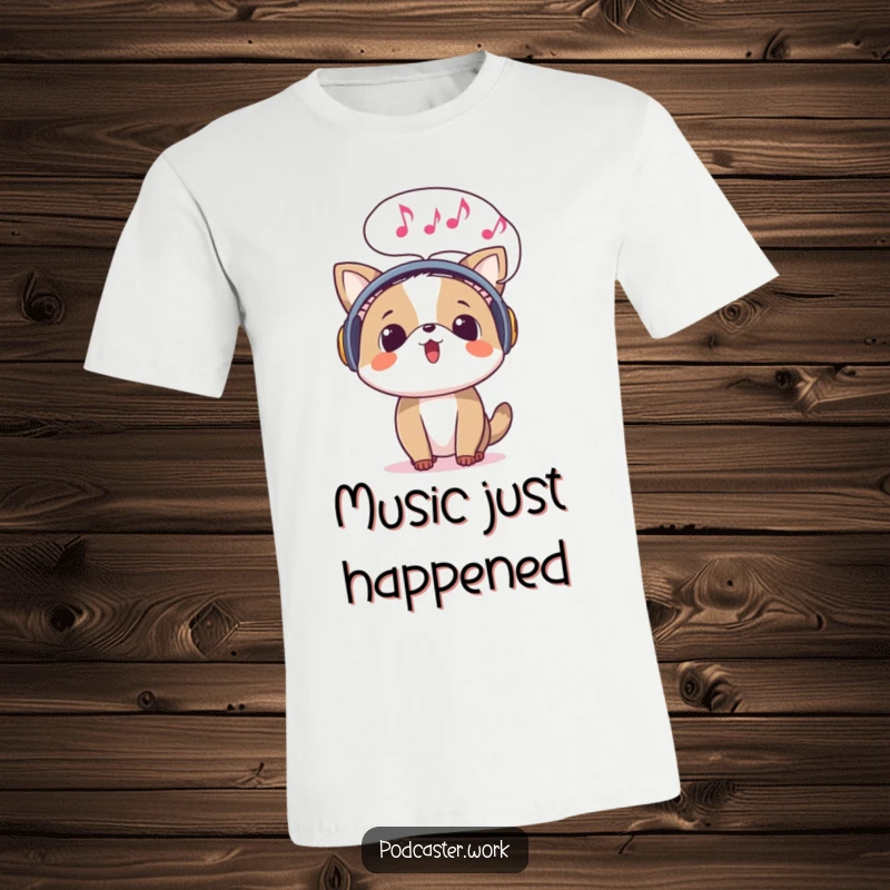 Funny t-shirt featuring a surprised animal wearing headphones, with a speech bubble filled with musical notes emerging, a delightful soundscape.
