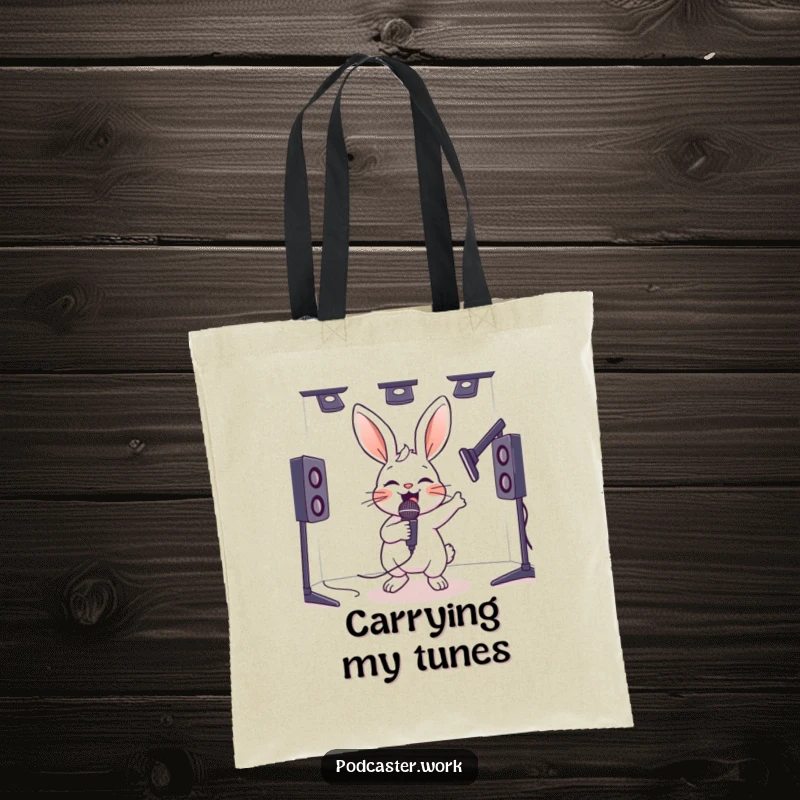 Funny tote bag with a hyperactive rabbit energetically bouncing with a microphone in a studio, a humorous and practical accessory.