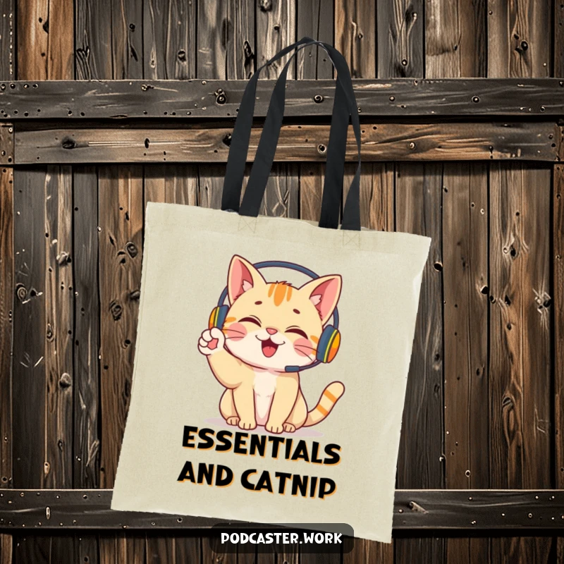 Funny Cat Chatter Tote Bag: A giggling cat in a headset energetically waving one paw, ready to carry your belongings with flair.