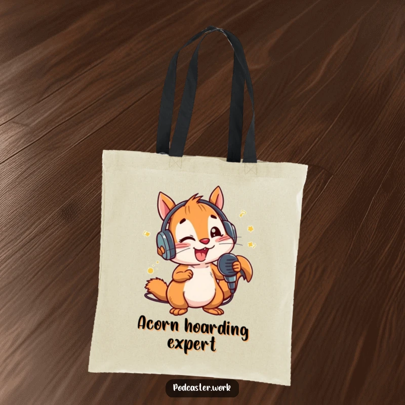 Funny Squirrel Microphone Tote Bag: An energetic squirrel in headphones holding a microphone, ready to drop rhymes and carry your stuff.