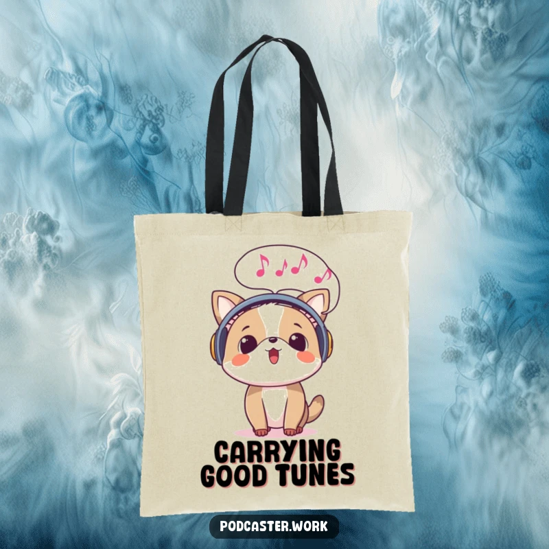 Funny tote bag showing a surprised animal with headphones, a speech bubble filled with musical notes emerging, hinting at musical adventures.