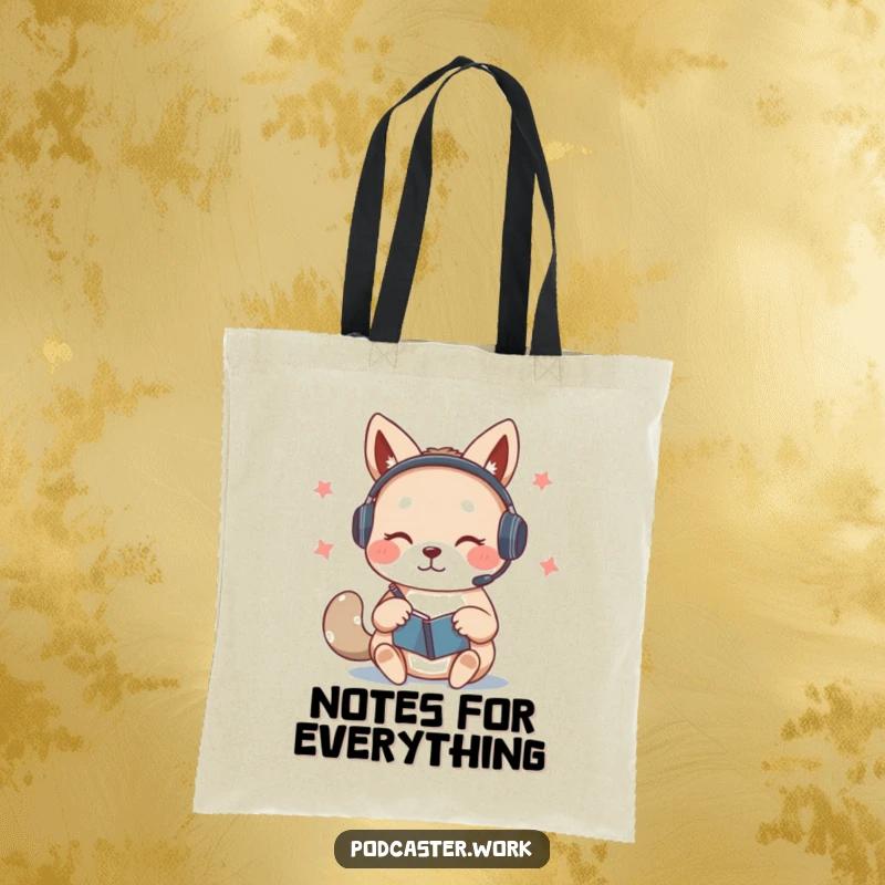 Funny tote bag showing a cute animal in a headset, furiously scribbling notes on a notepad while speaking, ready for any task.